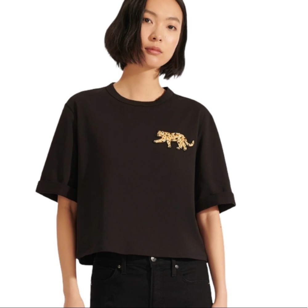 Veronica Beard Abby Crop Embellished Leopard Tee